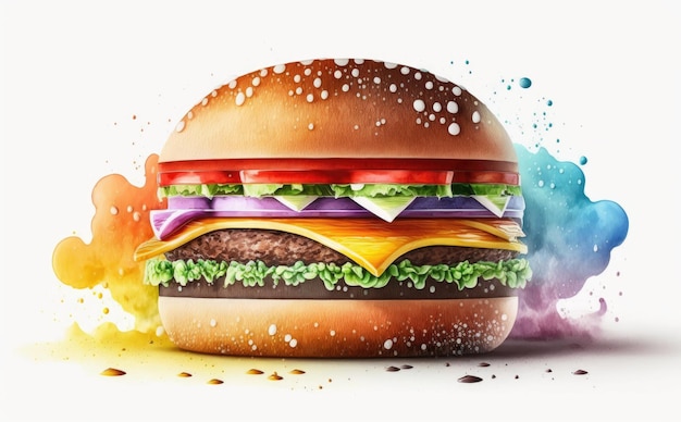 un cheeseburger dessiné sur fond jaune aquarelle illustrations de restauration rapide générées par ai