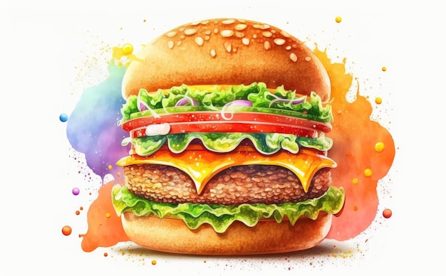 un cheeseburger dessiné sur fond jaune aquarelle illustrations de restauration rapide générées par ai