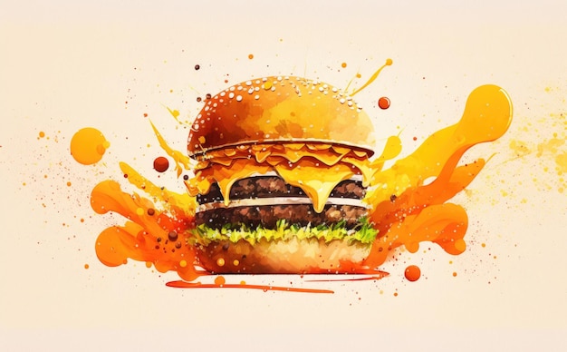 un cheeseburger dessiné sur fond jaune aquarelle illustrations de restauration rapide générées par ai