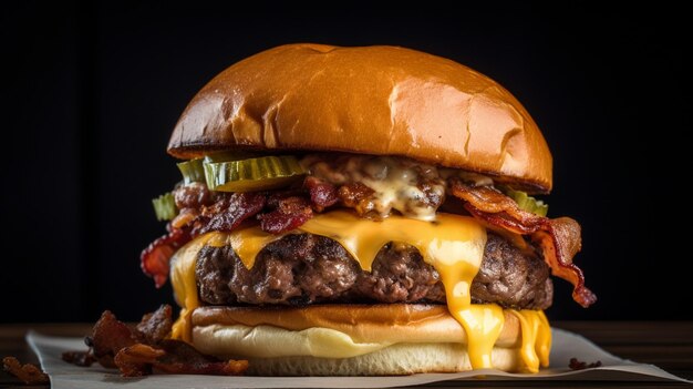 Un cheeseburger avec du bacon et du fromage dessus