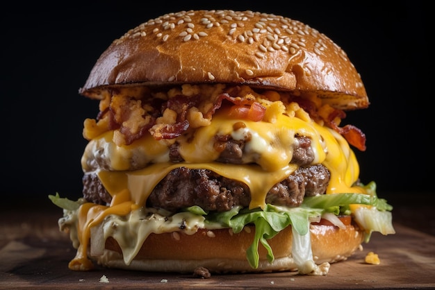 Un cheeseburger avec du bacon et du fromage sur une planche de bois