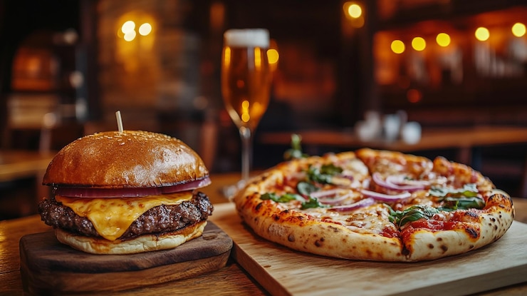 Photo un cheeseburger est sur une table à côté d'une pizza