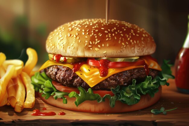 Cheeseburger fait maison avec fromage et légumes servi avec des frites et un hamburger à la salade