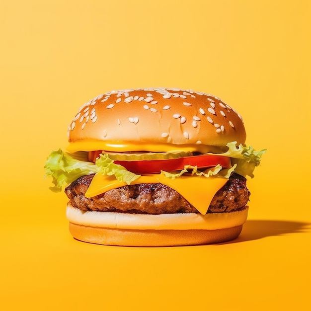 Cheeseburger sur fond jaune Close up Copy space