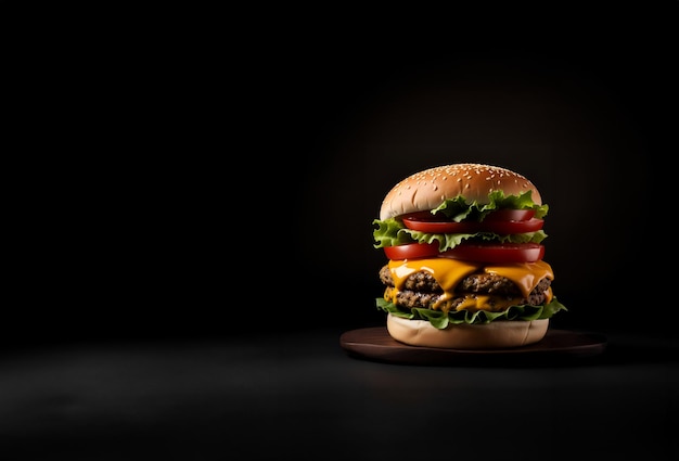 Le cheeseburger frais et délicieux avec des frites sur fond noir foncé