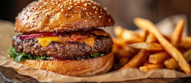 Un cheeseburger et des frites sur l'assiette