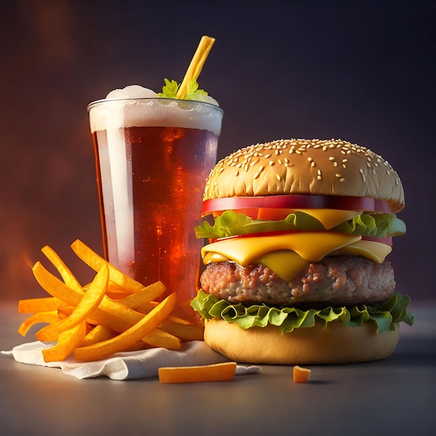 Un cheeseburger avec des frites et un délicieux milkshake