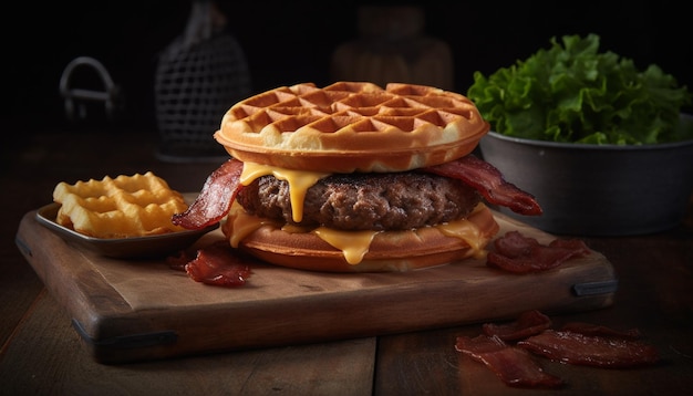 Cheeseburger gastronomique grillé avec bacon et légumes frais sur pain rustique généré par l'intelligence artificielle