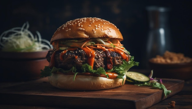 Cheeseburger gastronomique grillé sur une table en bois rustique avec frites générées par l'IA