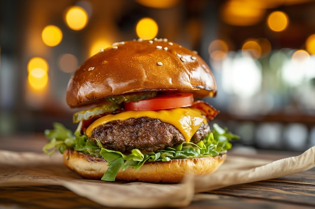 Cheeseburger gastronomique sur une planche de bois sur fond intérieur flou du restaurant