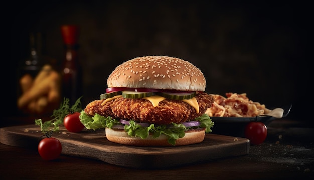 Un cheeseburger gourmet grillé sur une table en bois rustique générée par l'IA