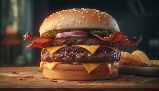 Cheeseburger gourmet grillé avec tomate de bœuf et frites généré par l'intelligence artificielle