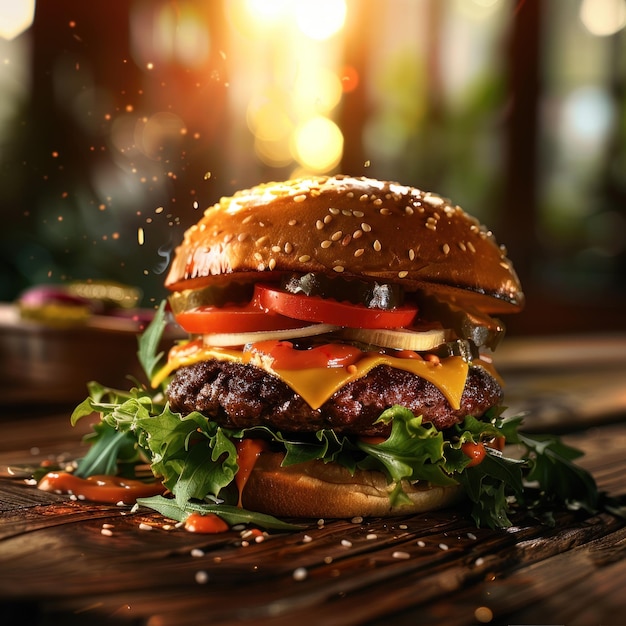 Un cheeseburger gourmet juteux sur une table en bois