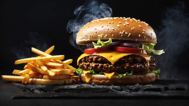 Un cheeseburger grillé avec de l'oignon de tomate et des frites