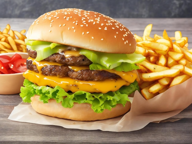 Un cheeseburger grillé sur un pain rustique avec des frites générées