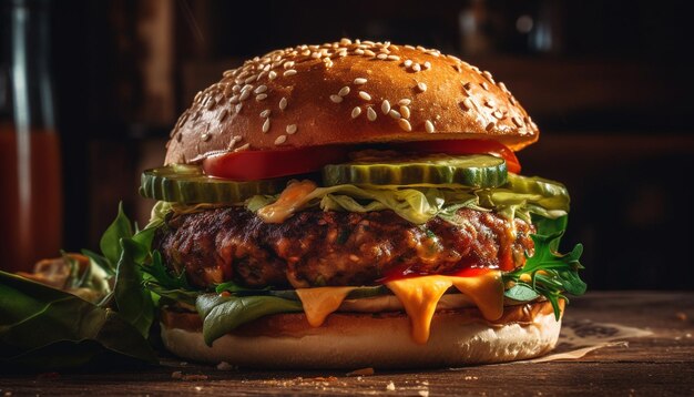 Cheeseburger grillé sur une table en bois rustique générée par l'IA