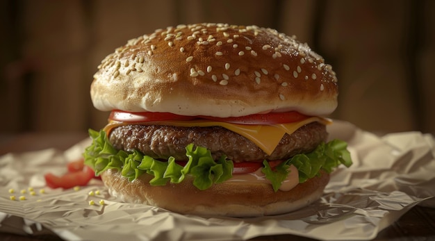 Un cheeseburger juteux avec du fromage de tomate de laitue fraîche et une galette de bœuf est assis sur une table évoquant la faim et le désir d'un repas savoureux
