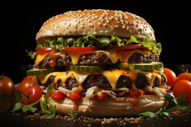 Un cheeseburger juteux avec des tranches de tomates fraîches Une photo de fast-food Cheeseburger