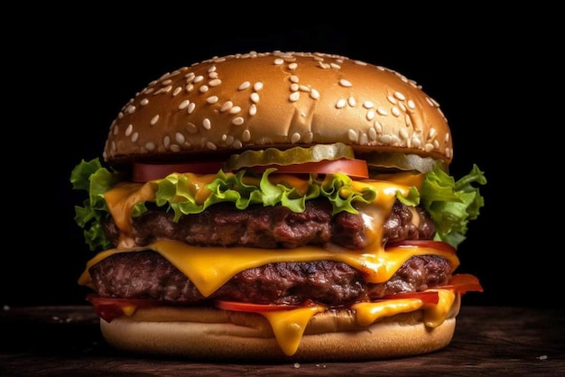 Un cheeseburger avec laitue, tomate et cornichons sur fond noir.