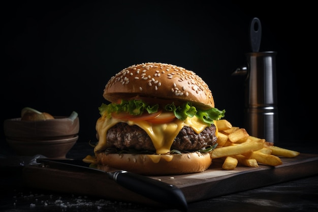 Un cheeseburger avec de la laitue, de la tomate et de la laitue est posé sur une planche à découper.