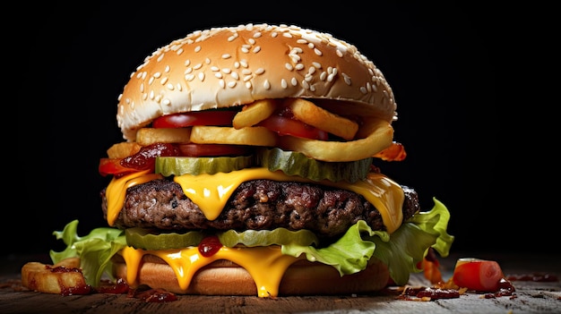 un cheeseburger avec des légumes et des frites