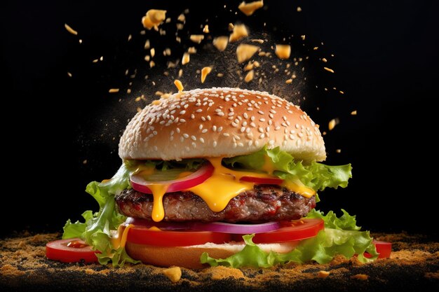 Cheeseburger avec des miettes qui explosent sur fond rouge