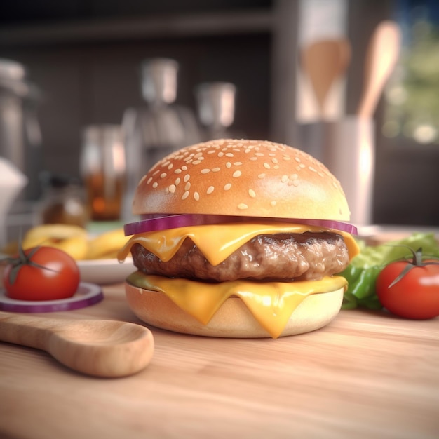 Cheeseburger sur une planche de bois dans la cuisine Generative Ai