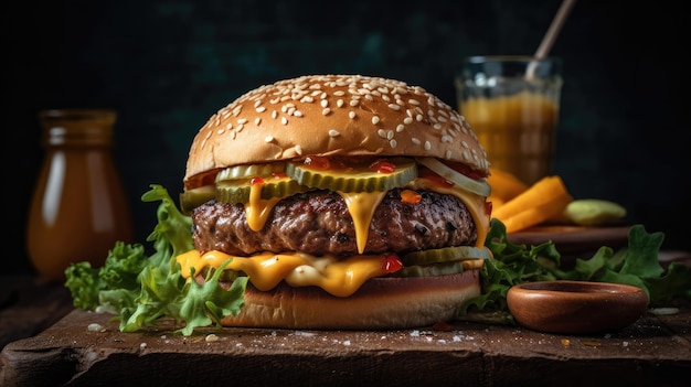 Cheeseburger sur une plaque de bois avec un arrière-plan flou