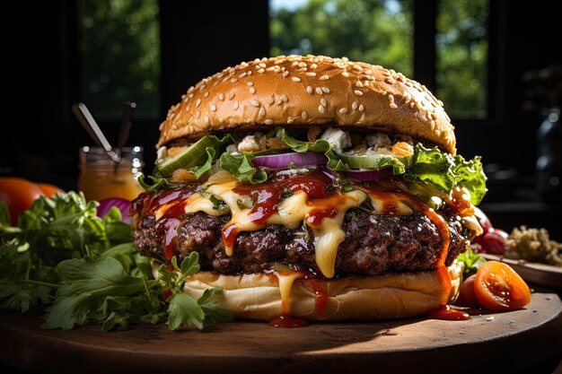 un cheeseburger avec une salade et une fourchette