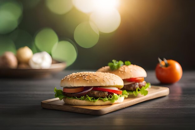 Cheeseburger avec tomate de laitue et fromage fondu sur une planche en bois