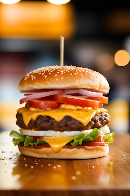 Un cheeseburger avec tomate, laitue et tomate sur une table en bois.