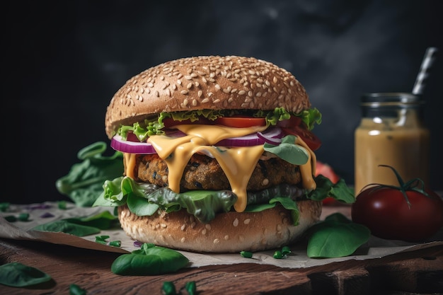 Cheeseburger végétalien utilisant du fromage végétalien et un substitut de viande comme alternative au lait de vache et au bœuf