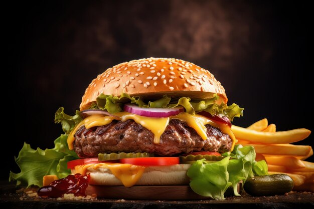 Cheeseburger à la viande délicieux vue de face avec frites