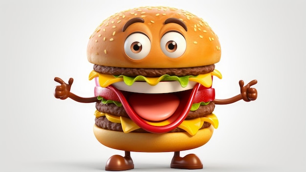 Cheeseburger avec un visage joyeux 3D sur un fond blanc