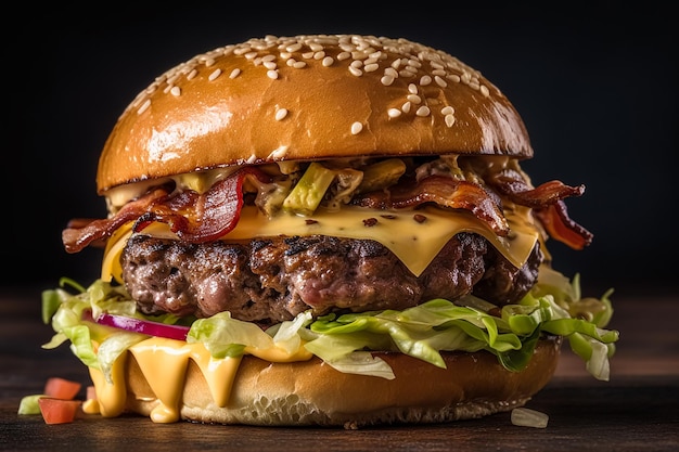 Cheeseburger, y compris le type de pain, galette de viande, sauce au fromage et garnitures AI générative