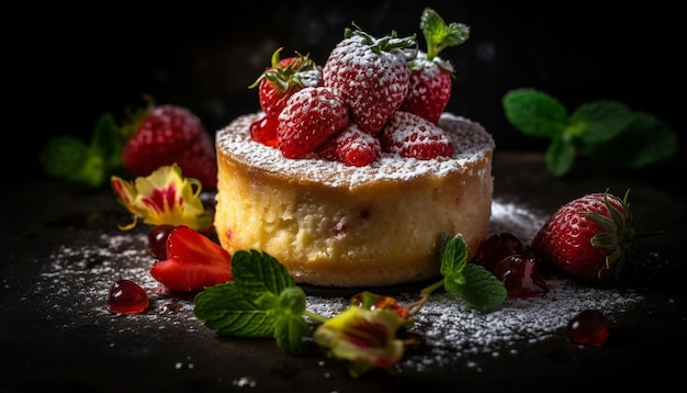 Cheesecake aux baies sucrées avec décoration de fruits frais et de feuilles de menthe générée par l'intelligence artificielle