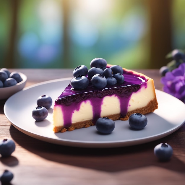 Un cheesecake aux bleuets sur fond naturel de couleur violette