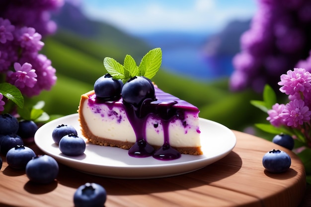 Un cheesecake aux bleuets sur fond naturel de couleur violette