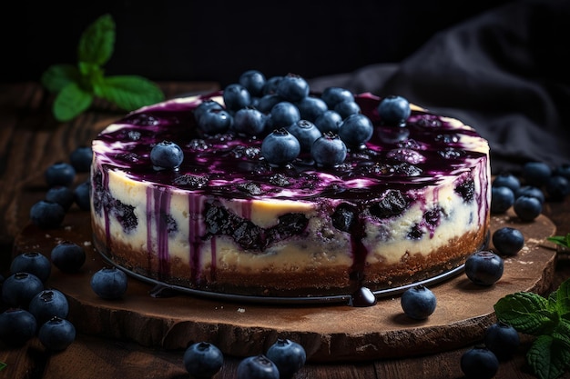 Cheesecake aux bleuets sur une planche de bois