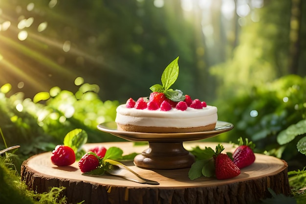 Un cheesecake aux fraises sur un support en bois dans la forêt