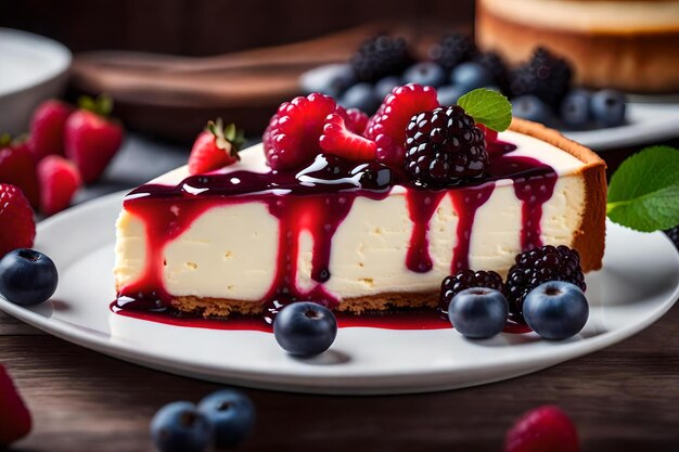 Un cheesecake aux framboises et myrtilles sur une assiette.