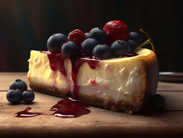 Un cheesecake aux myrtilles dessus