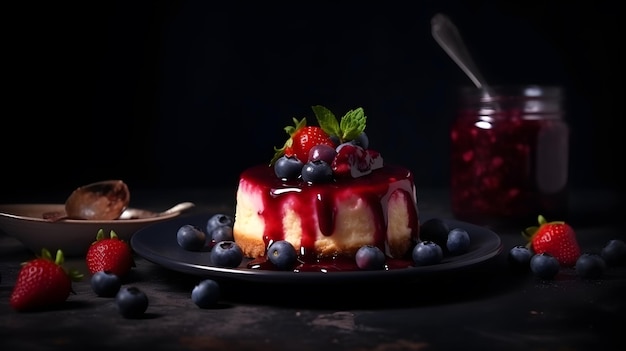 Un cheesecake aux myrtilles et un pot de confiture sur fond noir