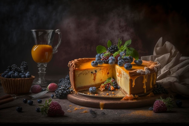 Un cheesecake aux myrtilles et une tasse de thé