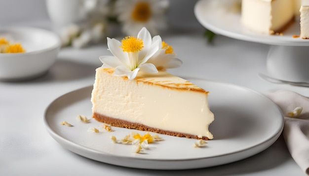 Cheesecake new-yorkais classique avec fleur de vanille fraîche sur fond de béton blanc, vue latérale