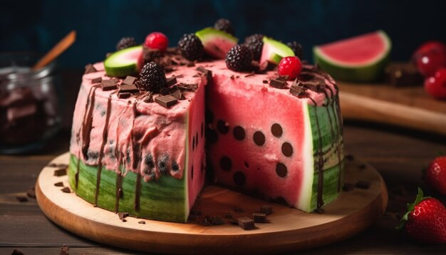 Cheesecake rustique fait maison avec des petits fruits et une gourmandise au chocolat généré par l'intelligence artificielle