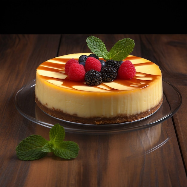 Cheesecake avec sauce caramel sur fond noir gros plan