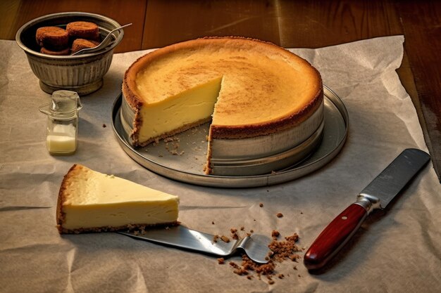 Photo un cheesecake avec une tranche manquante et un couteau à côté