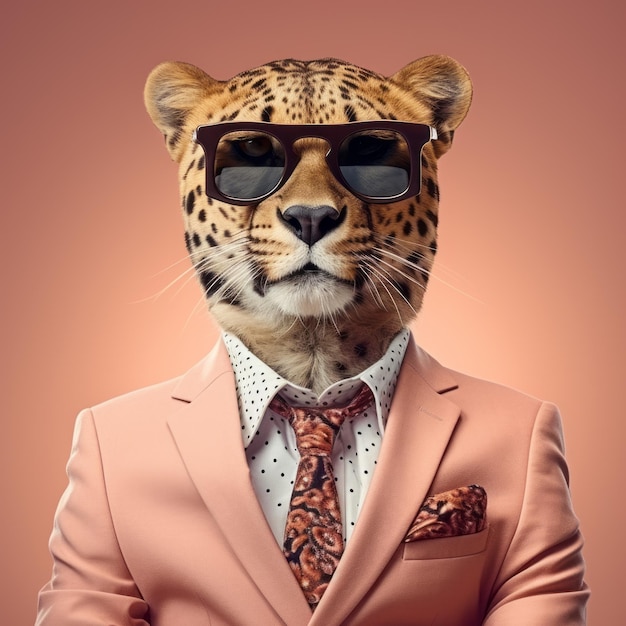 Photo cheetah en costume et lunettes art punk surréaliste d'entreprise