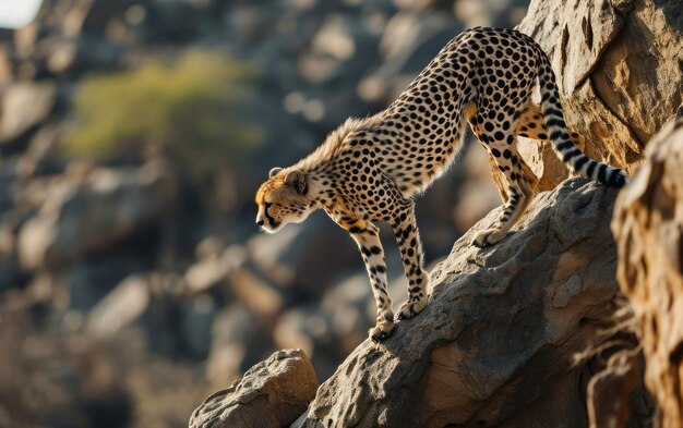 Le cheetah gracieux sur la perche rocheuse